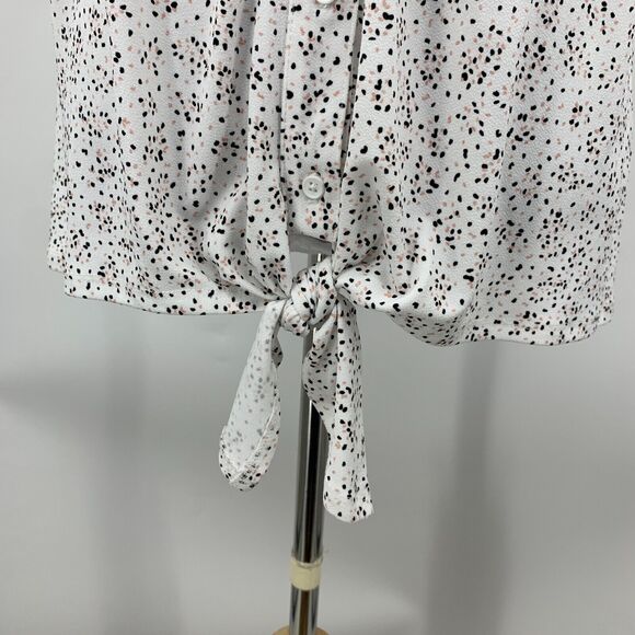 Adrianna Papell Printed Knit Blouse Women M White Sleeveless Button Up Tie Front - Picture 4 of 12